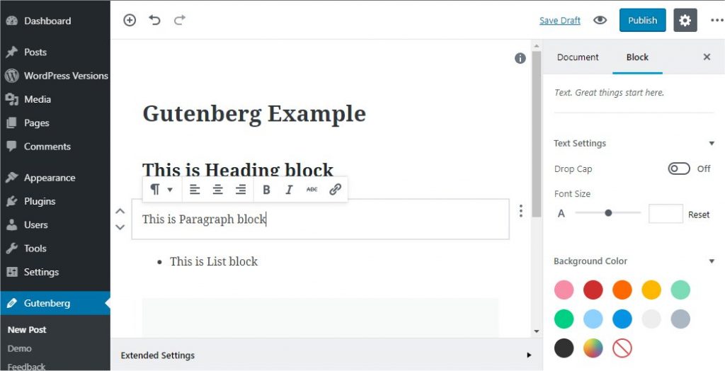 Gutenberg WYSIWYG editor screenshot